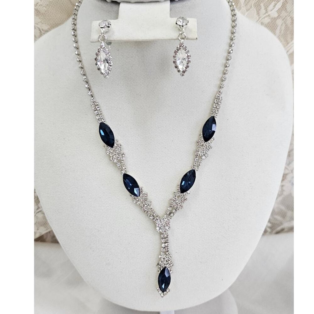 Sapphire Blue Marquis Cut Crystal Necklace & Earrings Set - Silver Tone